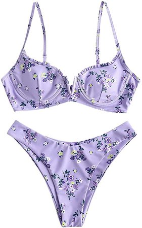 ZAFUL Women’s Floral Print Push-up V-Wire Lettuce Bikini Set High Cut Spaghetti Straps Knotted Back Padded Swimsuit(Small,Celeste) : Clothing, Shoes & Jewelry