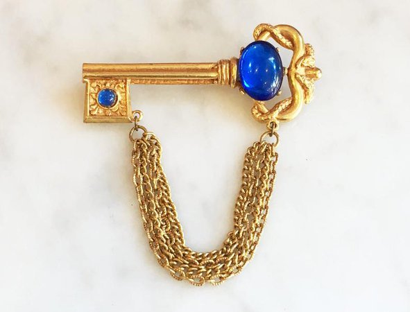 Vintage Rhinestone Key Brooch Chains Blue Jewelry | Etsy