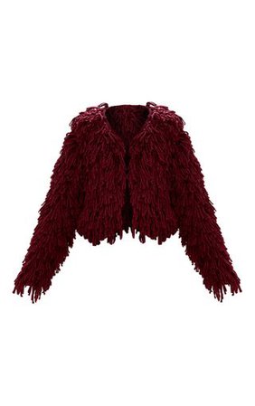 Burgundy Shaggy Knit Cropped Cardigan. Knitwear | PrettyLittleThing