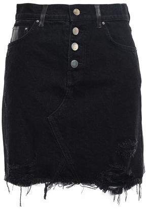 Leather-paneled Distressed Denim Mini Skirt