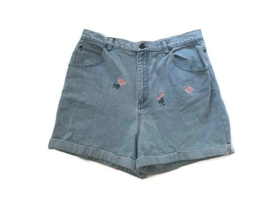 90s Light Denim Shorts with Pastel Flower Embroidery | Etsy