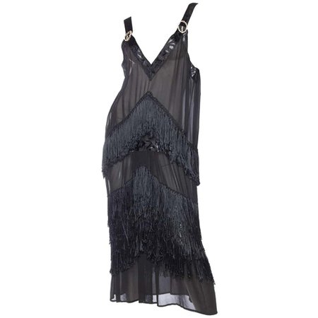 1920s Sheer Chiffon Dress with Fringe and Crystals For Sale at 1stdibs