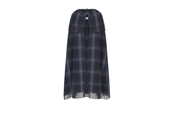 FRINGED COAT WITH BELT Blue and Gray Check Double-Sided Wool with Gradient Effect