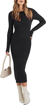 ANRABESS Women's 2023 Trendy Long Sleeve Sweater Dress Crewneck Slim Fit Ribbed Knit Bodycon Midi Dress at Amazon Women’s Clothing store
