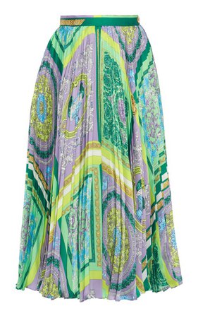 Pleated Heritage-Print Crepe Midi Skirt by Versace | Moda Operandi