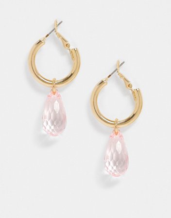 ASOS DESIGN hoop earrings with faceted pink bead drop in gold tone | ASOS