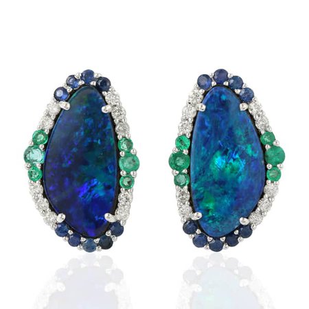 18Kt White Gold Natural Emerald Opal Doublet Blue Sapphire Genuine Diamond Stud Earring Women Jewelry | Artisan | Wolf & Badger