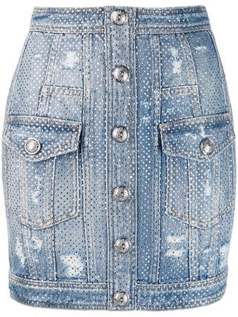 Balmain Distressed Crystal Denim Skirt - Farfetch