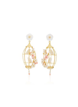 flower bird birds birdcage pink gold white earrings jewelry