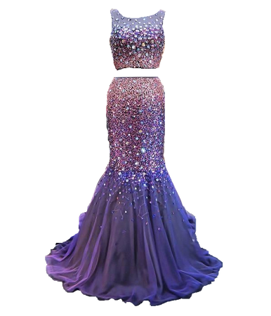 Sparkly Mermaid Scoop Neck Two Piece Purple Tulle Beaded Dress