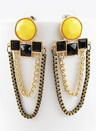 Black Yellow Gemstone Gold Chain Earrings - Sheinside.com