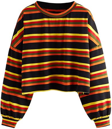 SweatyRocks Women's Casual Long Sleeve Striped Cropped T-Shirt Casual Crop Tee Top at Amazon Women’s Clothing store