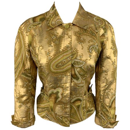MUGLER Size 4 Metallic Gold and Green Paisley Cropped Jacket For Sale at 1stdibs