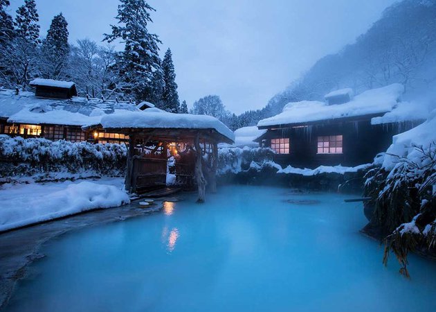 japanese snow hot springs night light