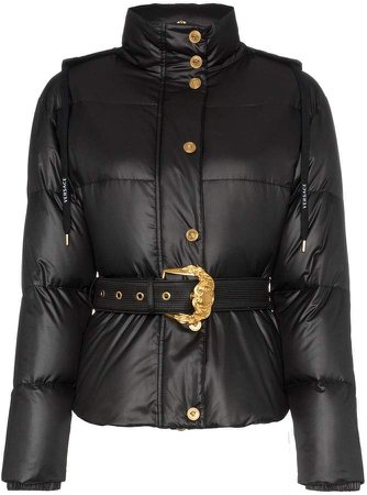 hooded belted feather down puffer jacket