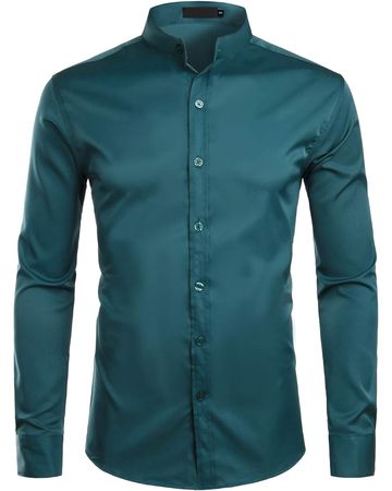 ZEROYAA Mens Hipster Solid Slim Fit Long Sleeve Mandarin Collar Dress Shirts ZLCL08 Teal XX-Large at Amazon Men’s Clothing store
