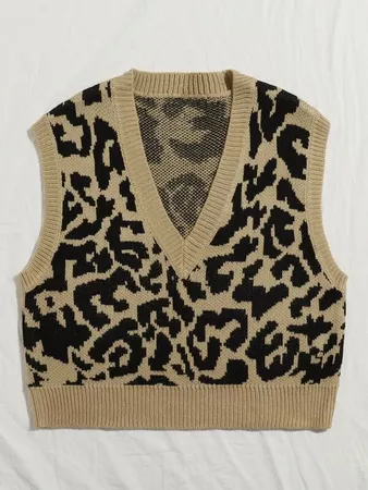 V Neck Leopard Sweater Vest | SHEIN USA cream