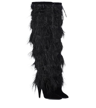 Saint Laurent, Yeti 110 Feather Trimmed Velvet Boots