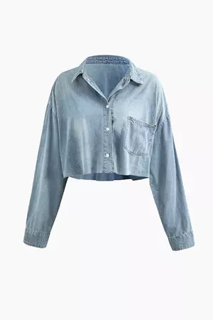 Faded Button Up Long Sleeve Denim Crop Shirt – Micas