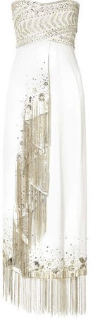 Strapless Fringed Embellished Cady And Lamé Gown - White
