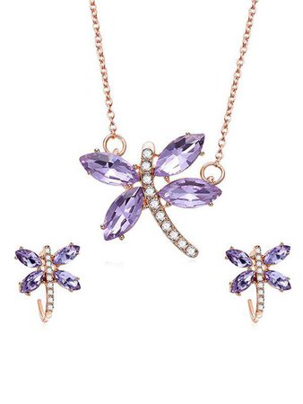 Rhinestone Butterfly Design Pendant Necklace Earrings Set in Purple Mimosa | Sammydress.com