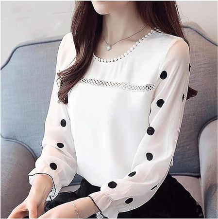 Amazon.com: WPYYI Long Sleeve Blouse Shirt Chiffon Women's Round Neck Black Polka Dot Women's Top (Color : White, Size : XL Code) : Clothing, Shoes & Jewelry