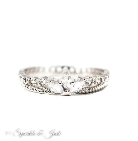 White Gold Plated CZ Dainty Princess Crown Ring - (Silver tone)