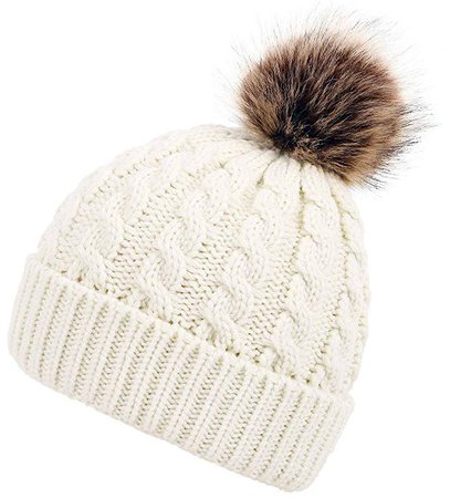 Amazon.com: Men & Women's Winter Cable Knit Faux Fur Pom Pom Foldable Cuff Beanie Hat, Cream: Clothing