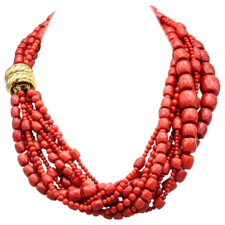 Verdura Coral and 18 Karat Gold 9 Strand Torsade Necklace For Sale at 1stdibs