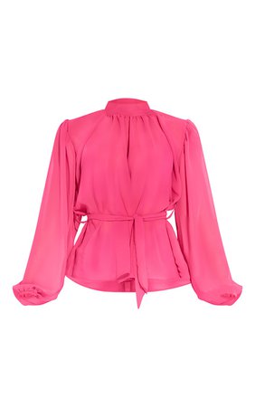 Fuchsia Pink Sheer Chiffon Tie Waist Blouse | PrettyLittleThing USA