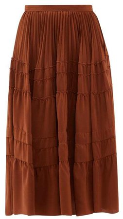 Tiered Silk Crepe De Chine Midi Skirt - Womens - Brown