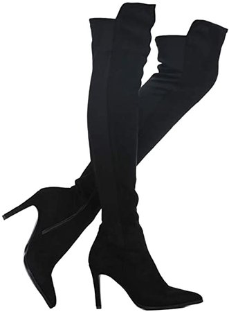 Amazon.com | Shoe'N Tale Women Faux Suede Chunky Heel Stretch Over The Knee Thigh High Boots (9, Black Pu 2" Heel) | Over-the-Knee