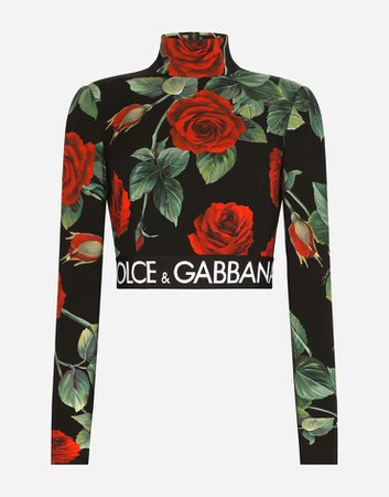 Charmeuse turtleneck top with red rose print in Multicolor for Women | Dolce&Gabbana®