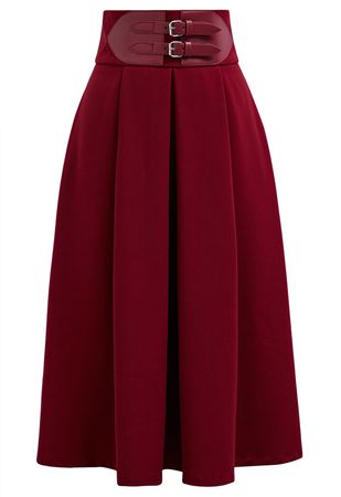 Belt Embellished High Waist Pleated Midi Skirt in Red - Retro, Indie and Unique Fashion