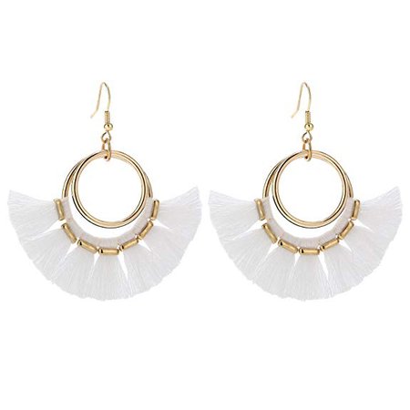 Amazon.com: BaubleStar Fan Tassel Hoop Earrings Gold Dangle White Fringe Drop Thread Tiered Layered Earring for Women Teen Girls B078W: Jewelry
