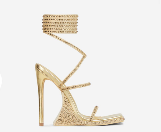 EGO- TO-THE-BEAT LACE UP DIAMANTE DETAIL STATEMENT PLATFORM WEDGE STILETTO HEEL IN GOLD FAUX LEATHER