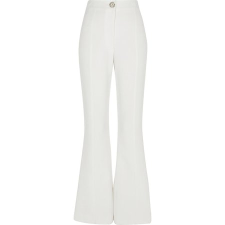 White diamante button flare leg trousers | River Island