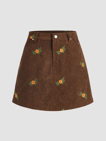 Corduroy Floral High Waist Skirt - Cider