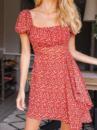 Double Square Neck Puff Sleeve Ditsy Floral Dress | SHEIN USA