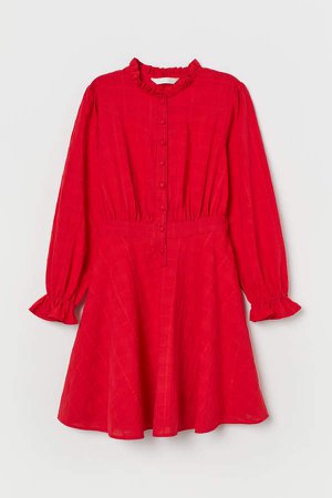 Puff-sleeved Cotton Dress - Red