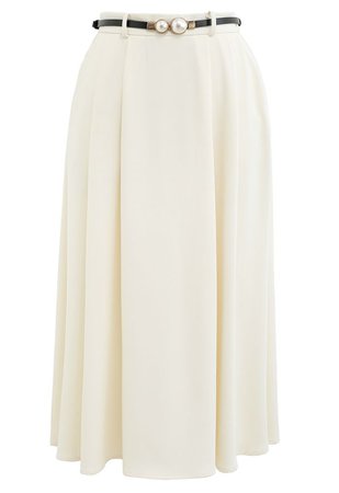 Neat Design Side Pocket Flare Midi Skirt in Ivory - Retro, Indie and Unique Fashion