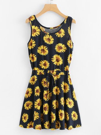 Sunflower Print Drawstring Waist Dress