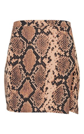 Tan Snake Print Rib Split Front Mini Skirt | PrettyLittleThing