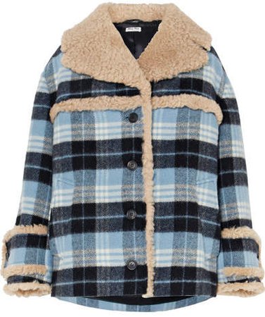 Shearling-trimmed Checked Wool-blend Flannel Jacket - Blue