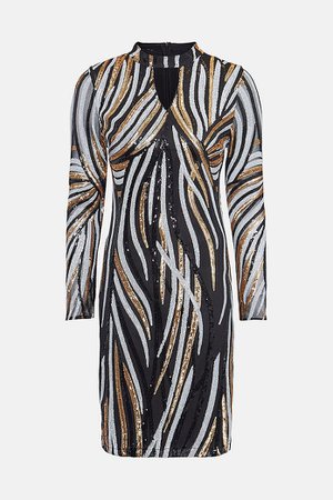 Sequin Keyhole Long Sleeve Dress | Karen Millen