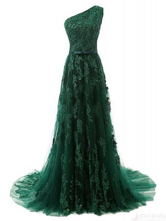 One Shoulder Long Dark Green Tulle Lace Beaded Prom Dress Bow Belt