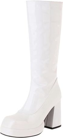 Amazon.com | LanreyTaley Women Fashion Boots Platform Knee High Chunky Block High Heel Boots Zipper Cosplay Boots White Gogo boots Size 39 Asian | Knee-High