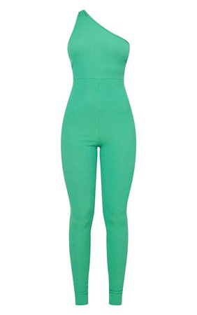 Green One Shoulder Back Detail Rib Jumpsuit | PrettyLittleThing USA