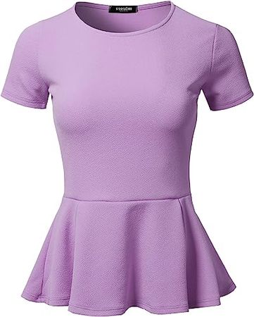 SSOULM Women's Classic Stretchy Short Sleeve Flare Peplum Blouse Top Lilac XL at Amazon Women’s Clothing store