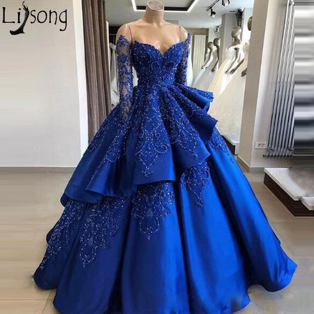 Ball Gown Long Sleeve Royal Blue Prom Dresses with Detachable Skirt Luxury Beaded Chic Long Evening Dress Special Occasion Gowns-in Prom Dresses from Weddings & Events on AliExpress